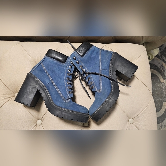Blue Nappa Leather Upper Heels 4 inches Boots Booties Lace size 9 - Picture 2 of 5